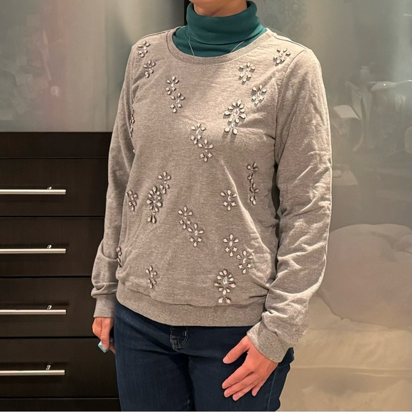 Soft Joie Embellished Rhinestone Gray Crew Neck Pullover Sweatshirt - Picture 7 of 12